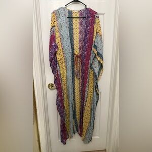 LOVE STITCH Women’s Multicolor Boho Print Full Length Tassel Tie Front Kaftan OS